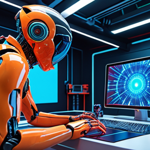 Home 14 **AI artist collaborating, human & machine, vibrant colors, futuristic studio.**