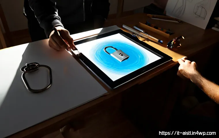 Home 15 AI 아티스트의 권리와 기술적 보호 장치 - Photorealistic Italian digital artist in a sunlit Milan studio, seated at a drawing tablet creating ...