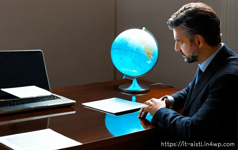 Home 17 AI 창작물의 국경을 넘는 권리 문제 - Photorealistic editorial scene of an Italian intellectual property lawyer and a digital artist seate...